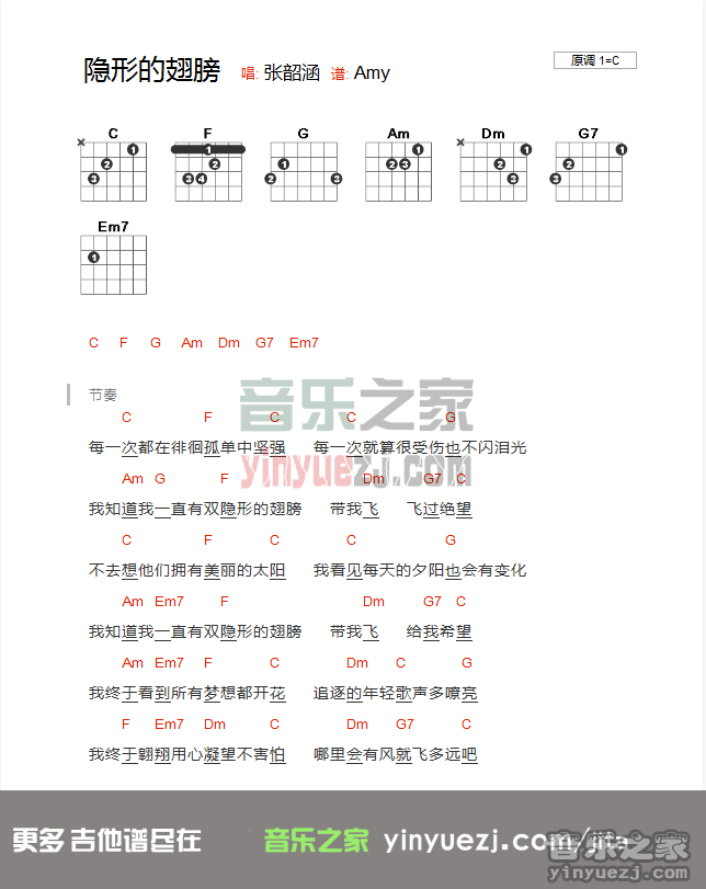 张韶涵《隐形的翅膀》吉他谱