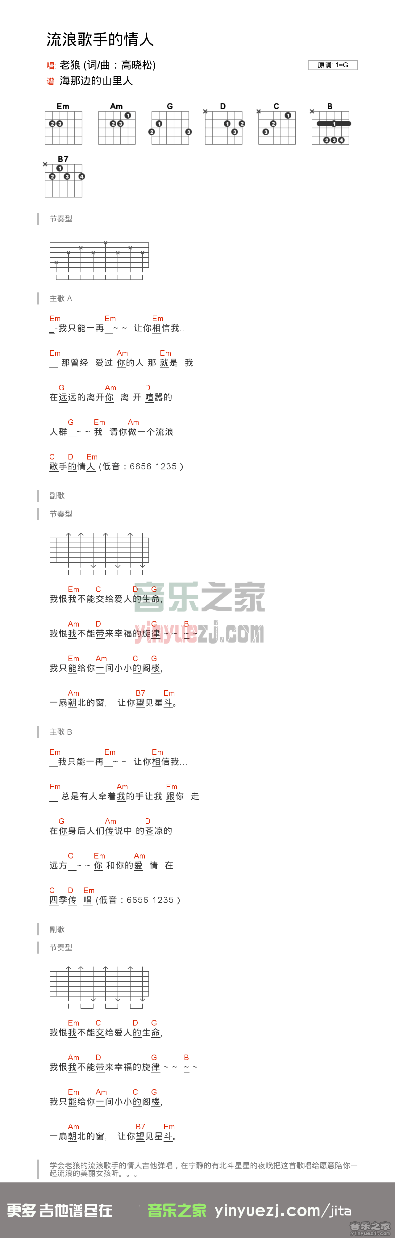 老狼《流浪歌手的情人》吉他谱