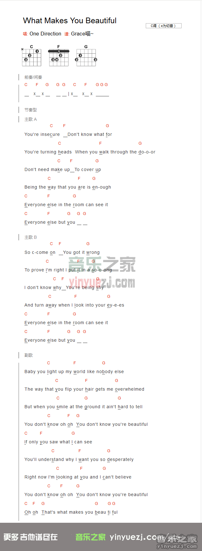 版本一 《What Makes You Beautiful》吉他谱