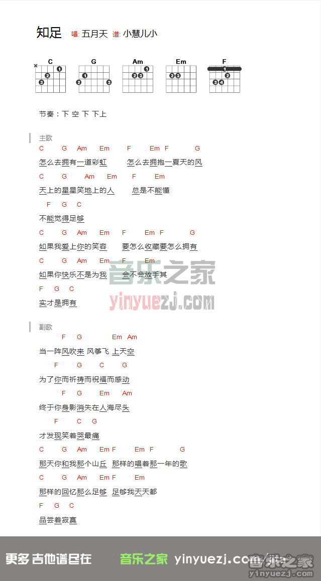 2C调版 五月天《知足》吉他和弦弹唱谱