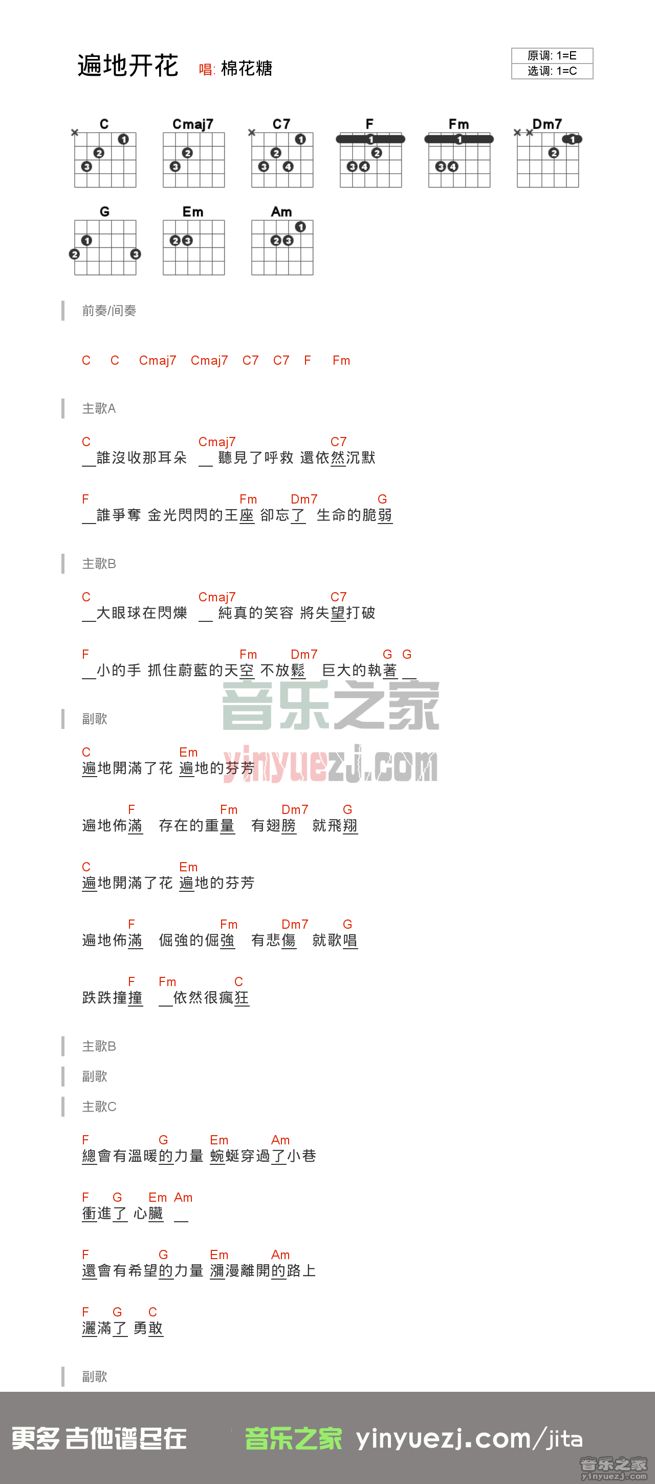 棉花糖《遍地开花》吉他谱