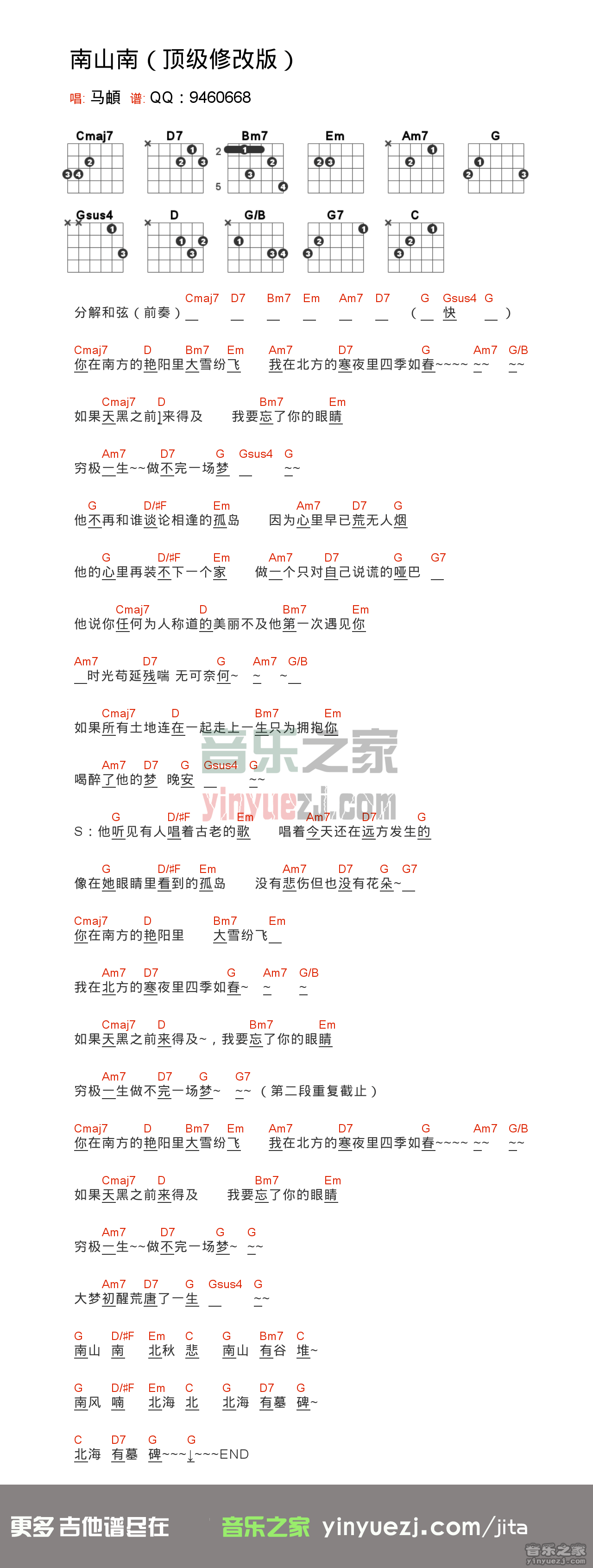 版本二 马頔《南山南》吉他谱