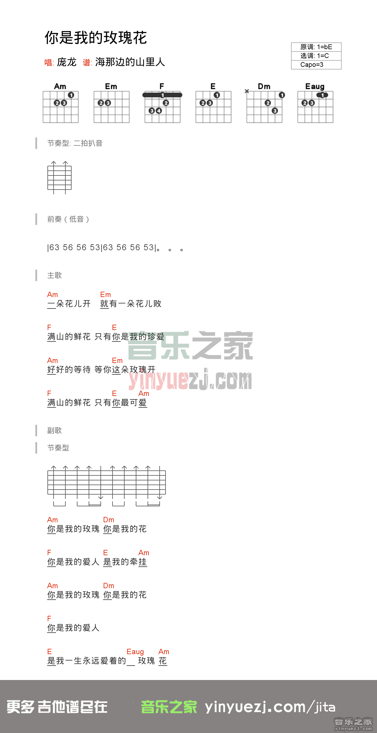 庞龙《你是我的玫瑰花》吉他谱