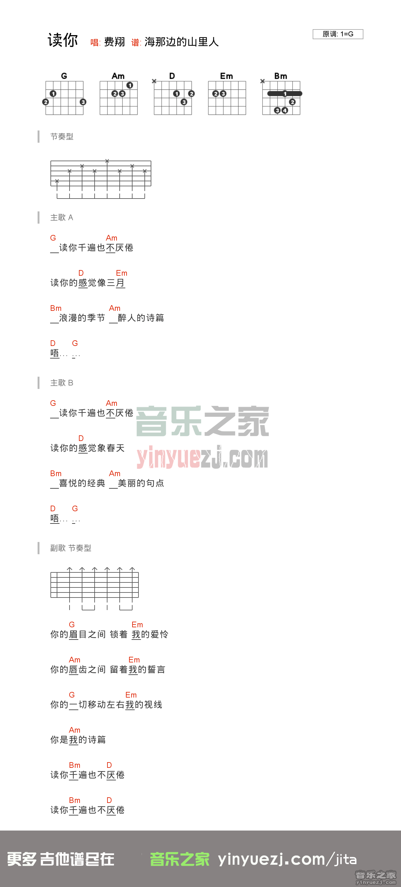 费翔《读你》吉他谱