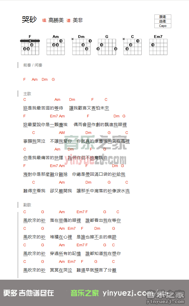 高胜美《哭啥》吉他谱
