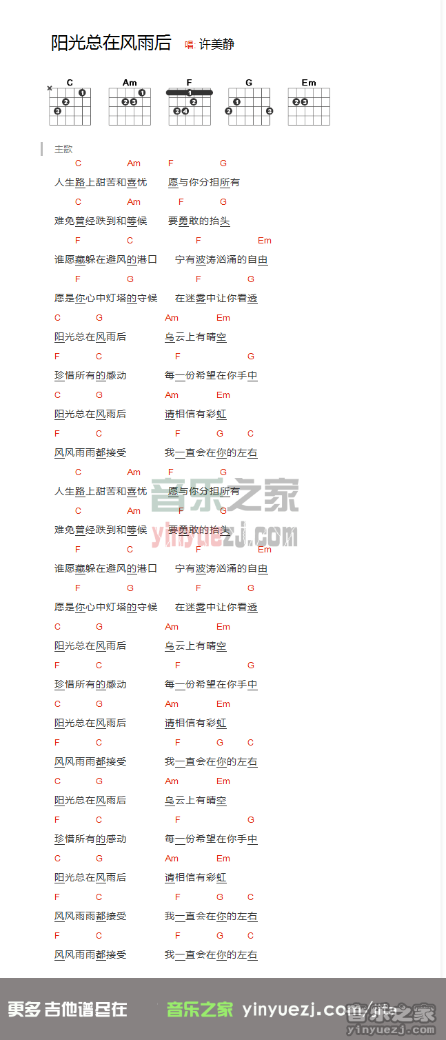 和弦版 许美静《阳光总在风雨后》吉他谱