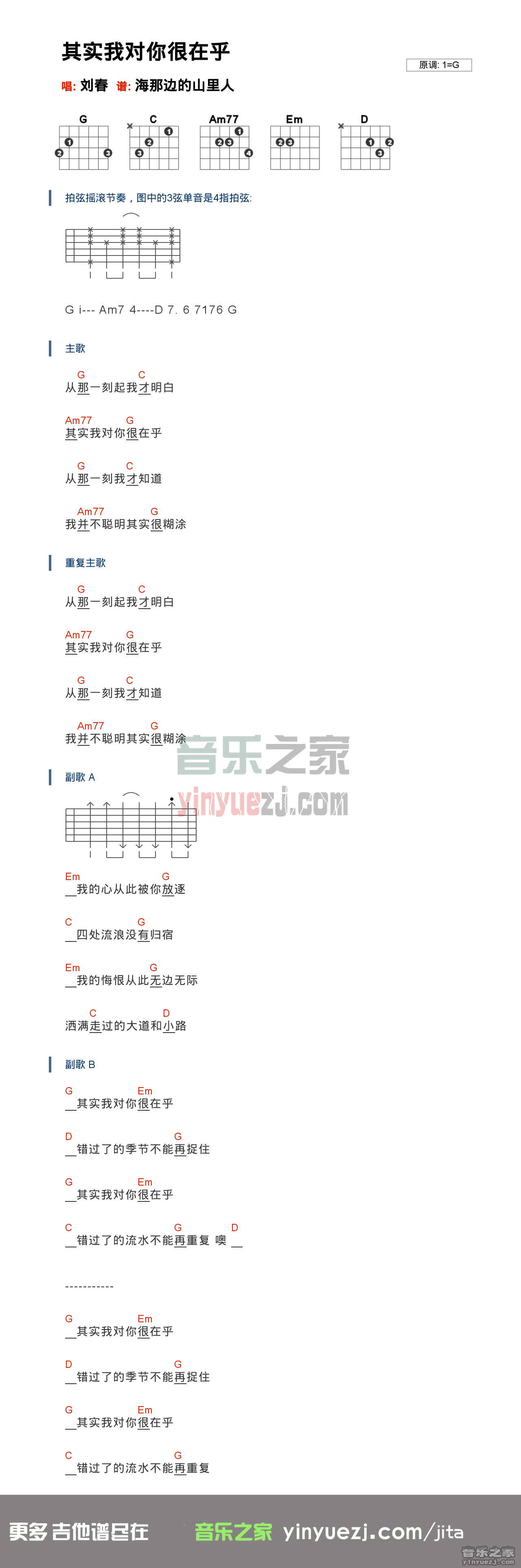 刘春《其实我对你很在乎》吉他谱