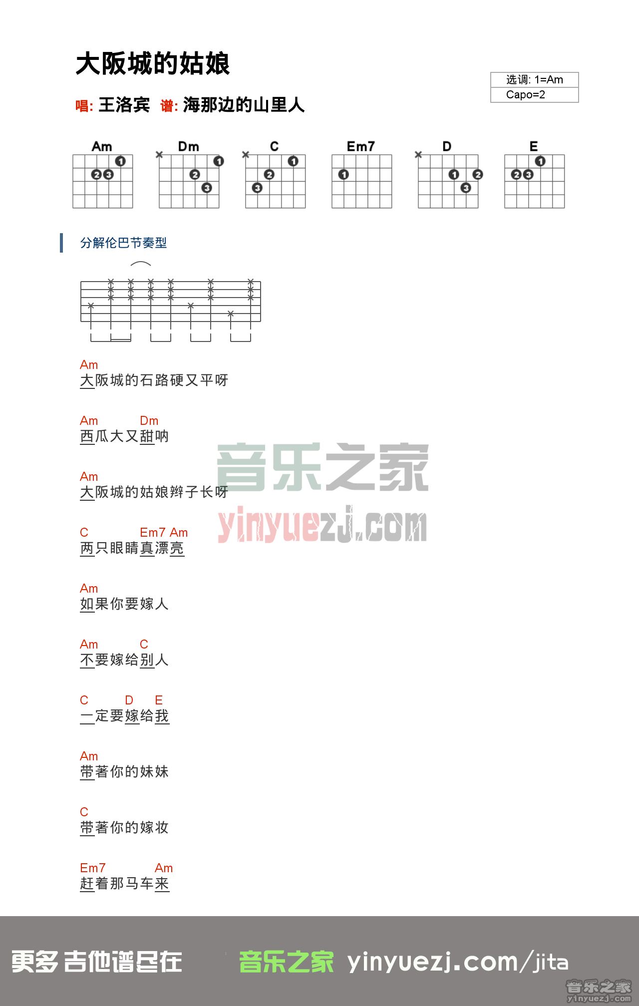 王洛宾《大阪城的姑娘》吉他谱