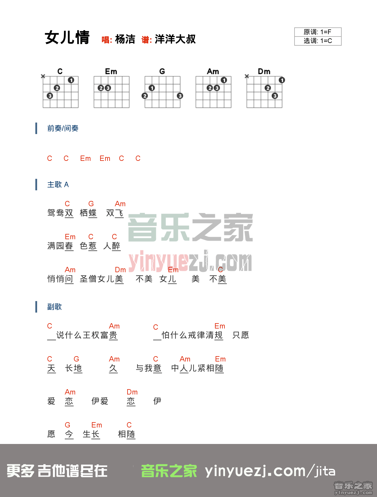 万晓利《女儿情》吉他谱