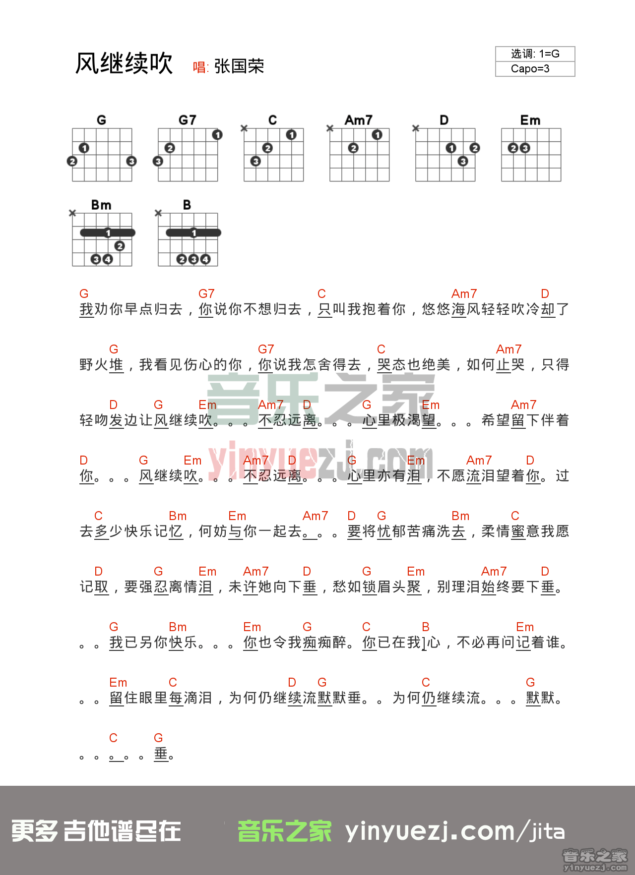 张国荣《风继续吹》吉他谱