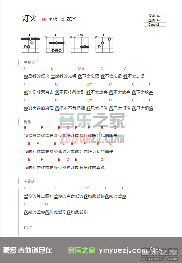 吴极《灯火》吉他谱