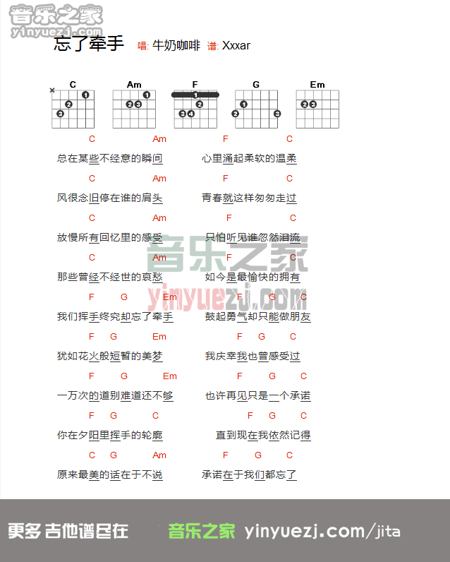 牛奶咖啡《忘了牵手》吉他谱