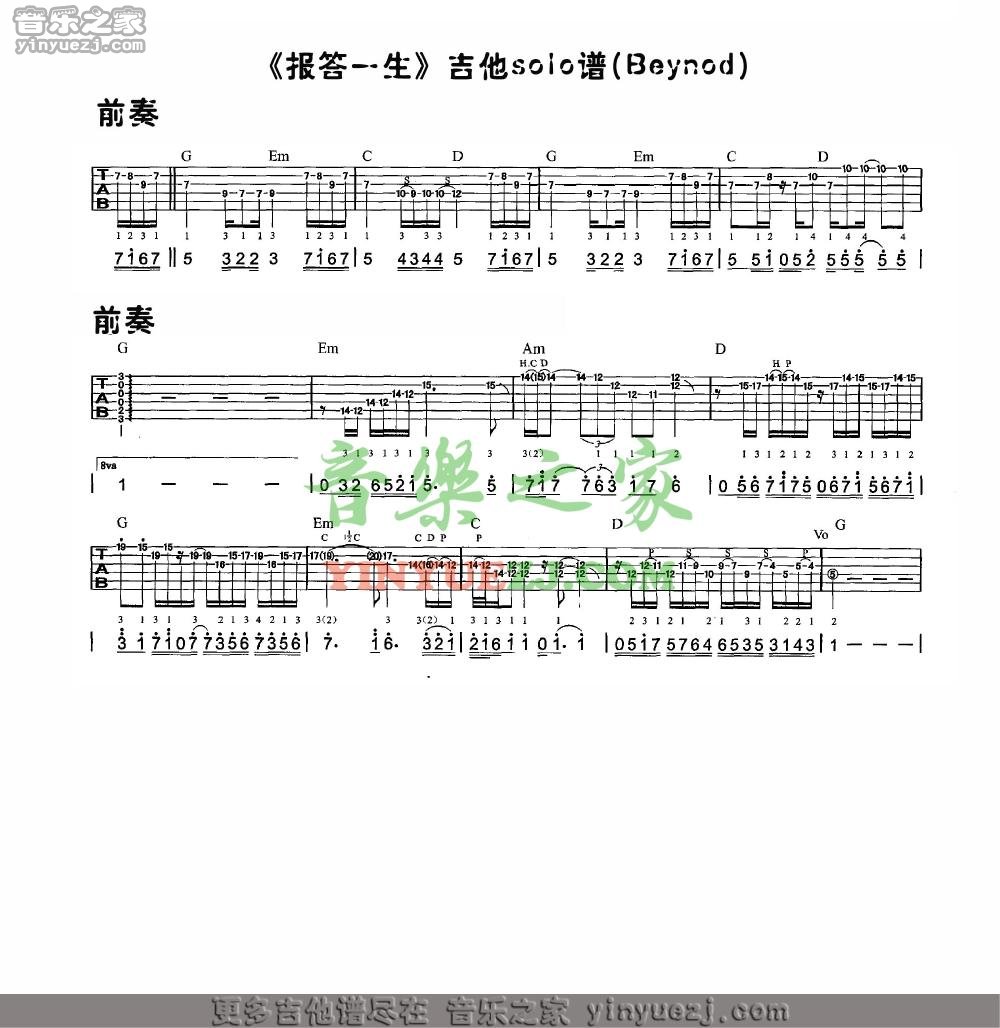 Beyond《报答一生》solo吉他谱