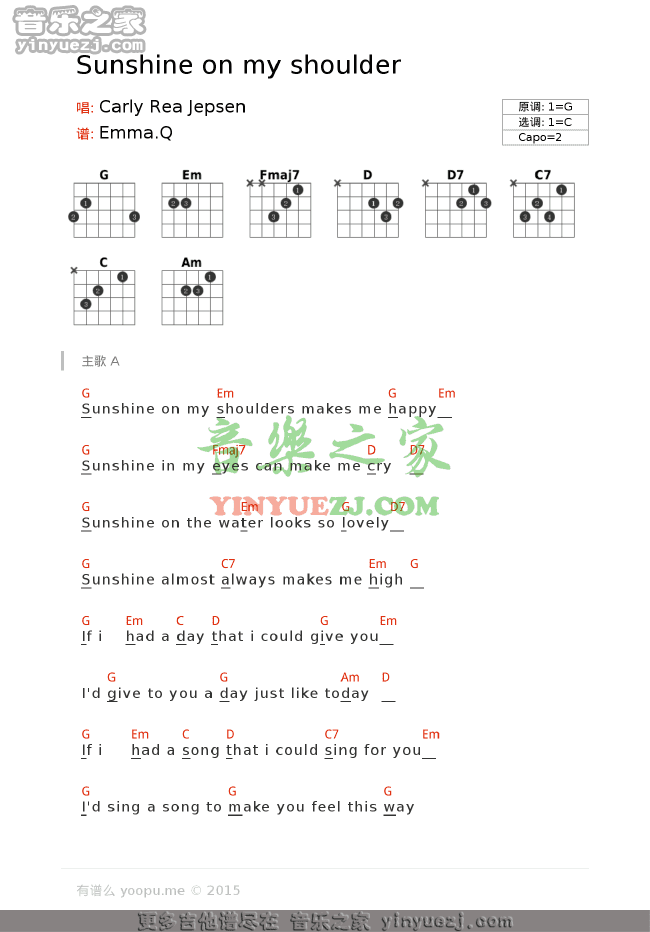 《sunshine on my shoulders》吉他谱(和弦txt谱)