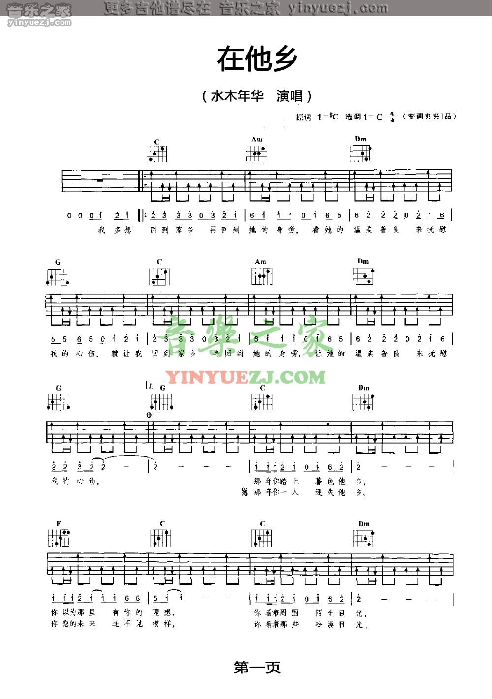 1水木年华《在他乡》吉他谱
