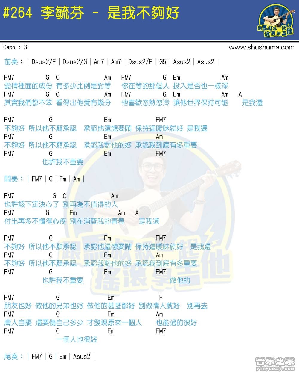 1马叔叔版 李毓芬《是我不够好》吉他弹唱六线谱