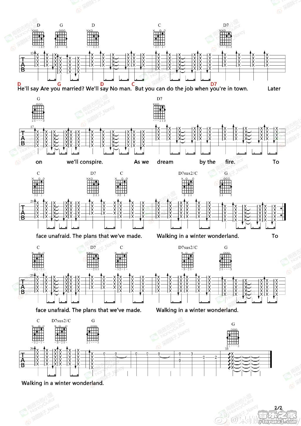 2南音六线谱版 《winter wonderland》吉他弹唱谱