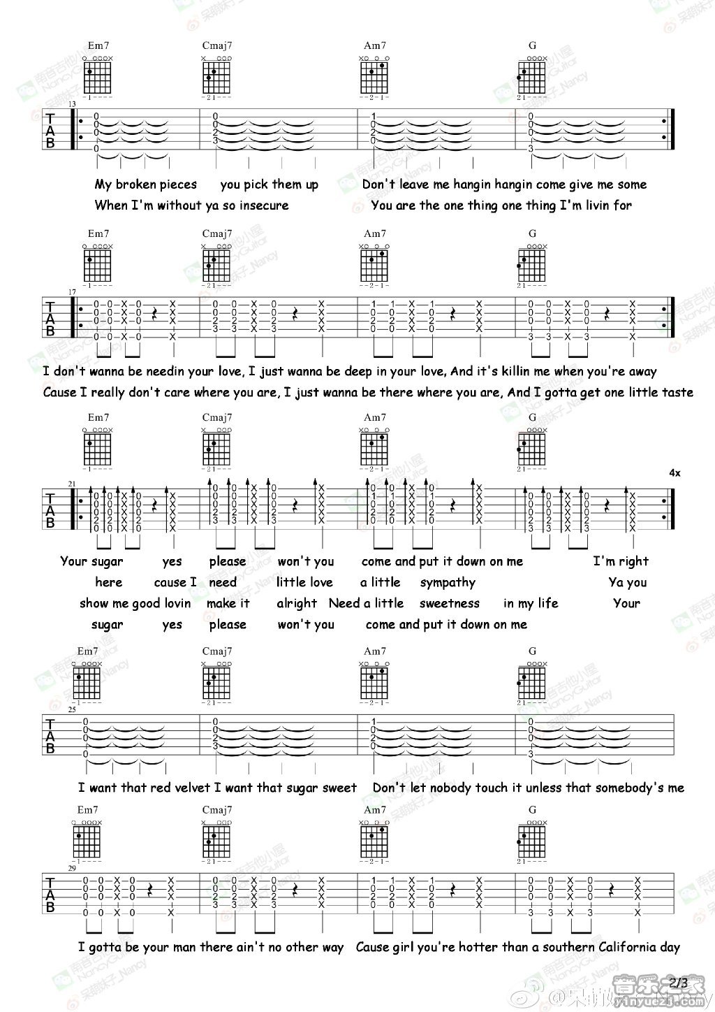 2南音六线版 maroon5《sugar》吉他弹唱谱