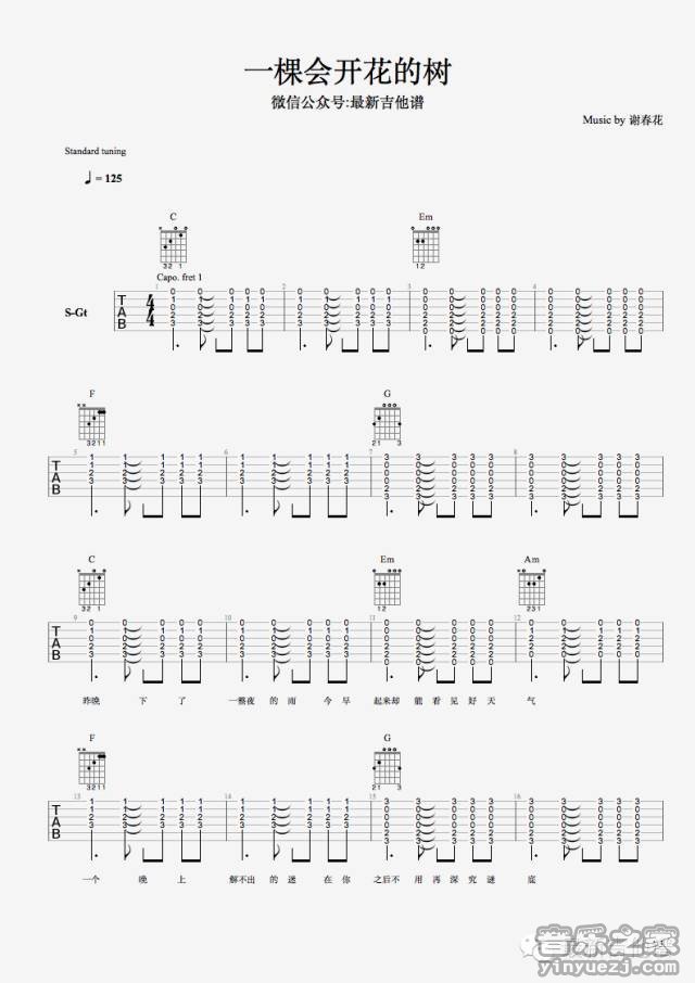 1最新吉他谱版 谢春花《一棵会开花的树》吉他六线谱