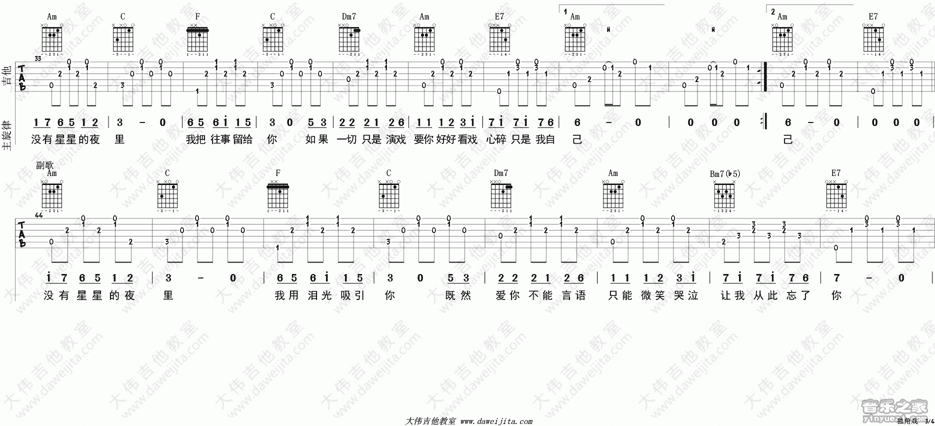 3大伟C调男生版 许茹芸《独角戏》吉他弹唱六线谱