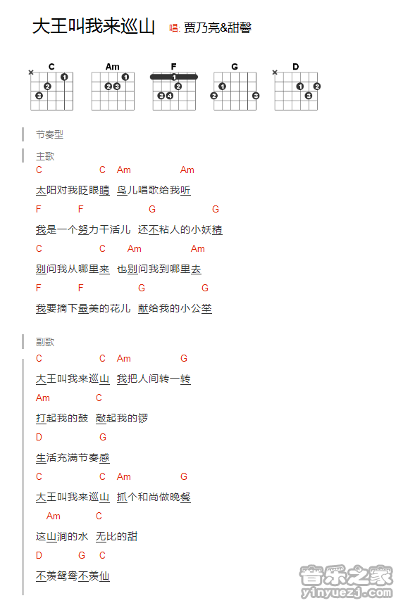 C调版 《大王叫我来巡山》吉他和弦弹唱谱