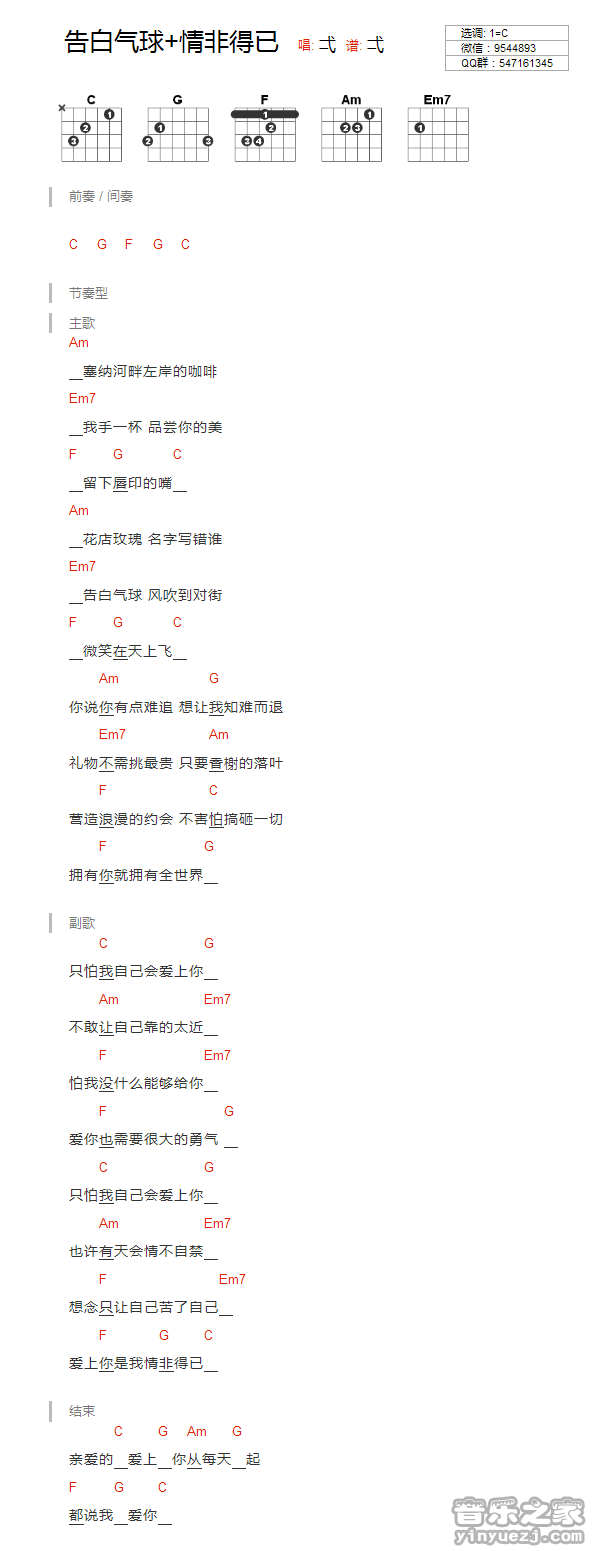 C调版 《告白气球+情非得已》吉他和弦弹唱谱
