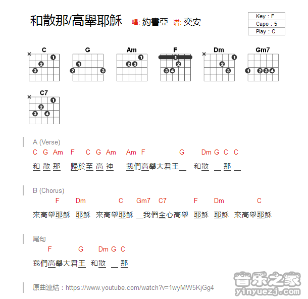 C调版 约书亚《和散那/高举耶稣》吉他和弦弹唱谱