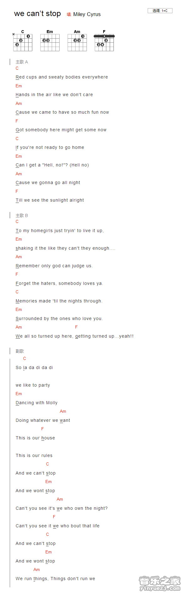 C调版 《we can\t stop》吉他和弦弹唱谱
