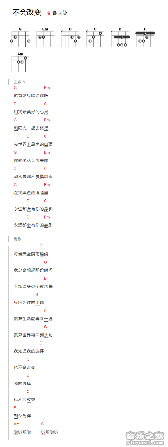 谢天笑《不会改变》吉他和弦弹唱谱
