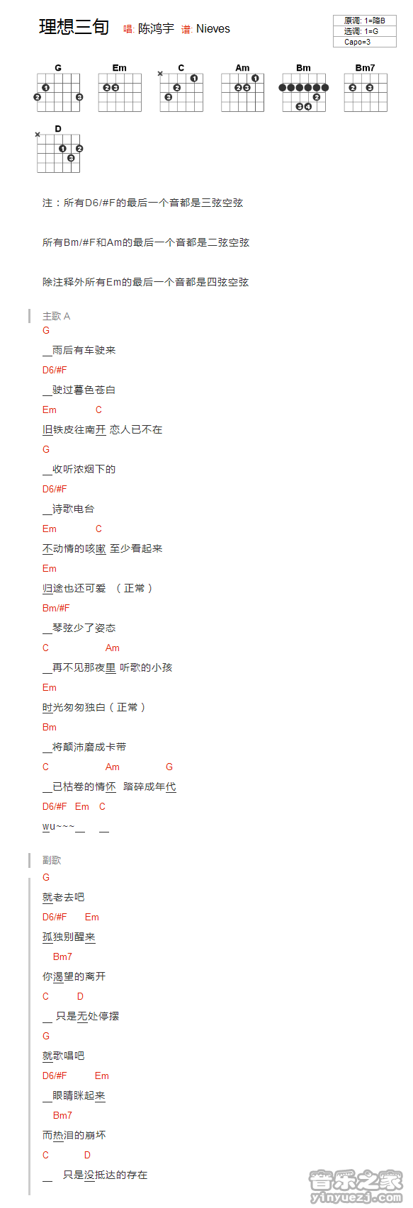 G调版 陈鸿宇《理想三旬》吉他和弦弹唱谱