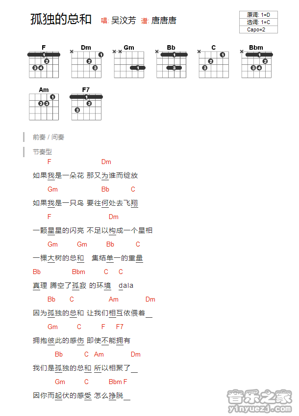 C调版 吴汶芳《孤独的总和》吉他和弦弹唱谱