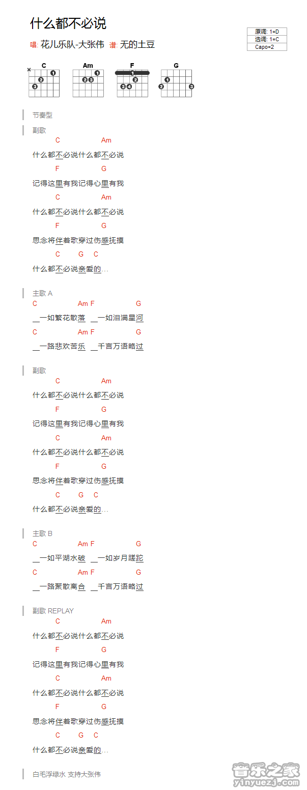 C调版 大张伟《什么都不必说》吉他和弦弹唱谱