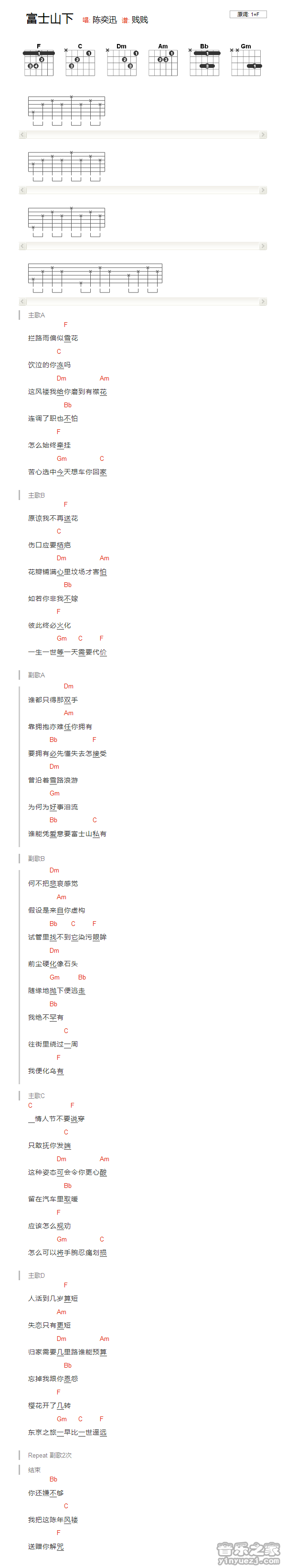 F调版 陈奕迅《富士山下》吉他和弦弹唱谱