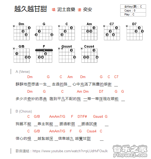 C调版 盛晓玫《越久越甘甜》吉他和弦弹唱谱