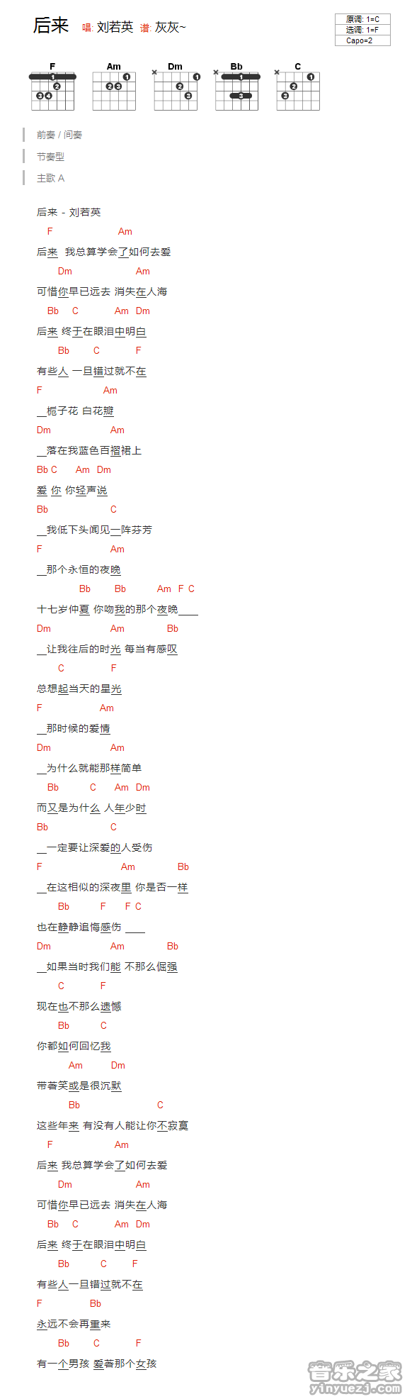 F调版 刘若英《后来》吉他和弦弹唱谱