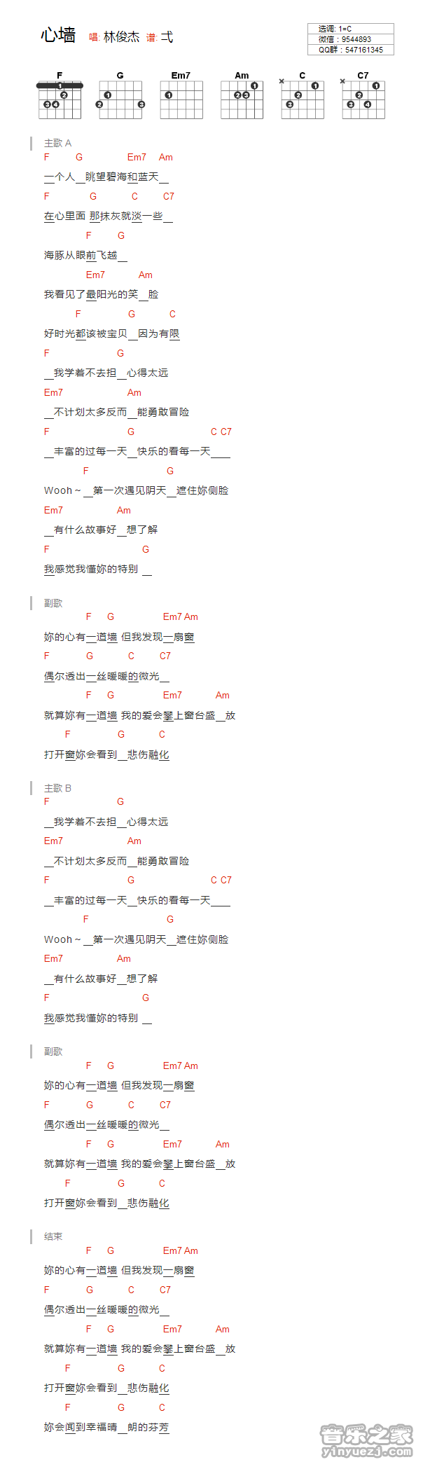C调版 林俊杰《心墙》吉他和弦弹唱谱