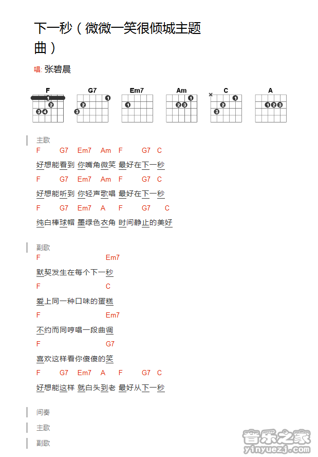 F调版 张碧晨《下一秒》吉他弹唱和弦谱