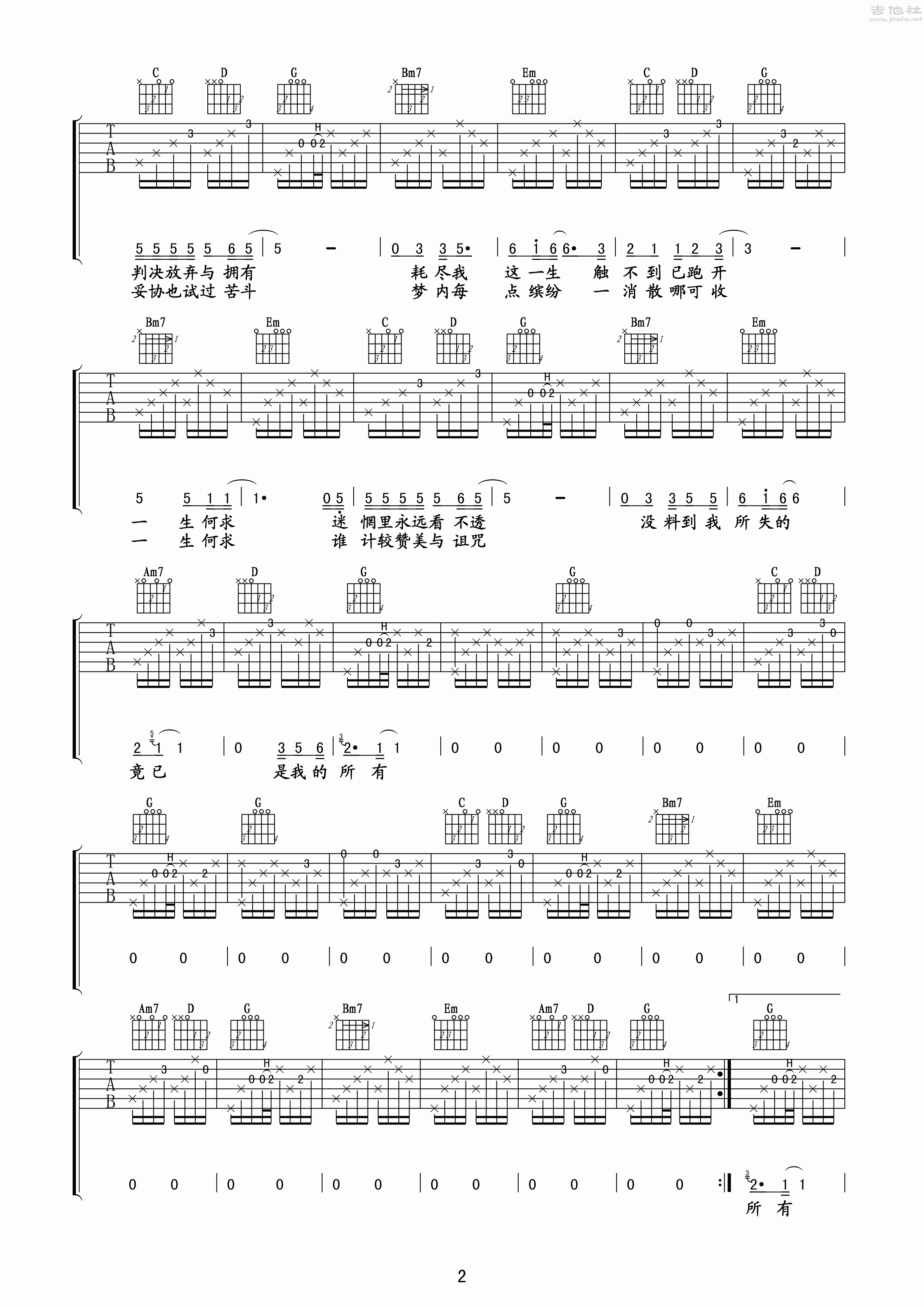 2玩易G调版 陈百强《一生何求》吉他弹唱六线谱