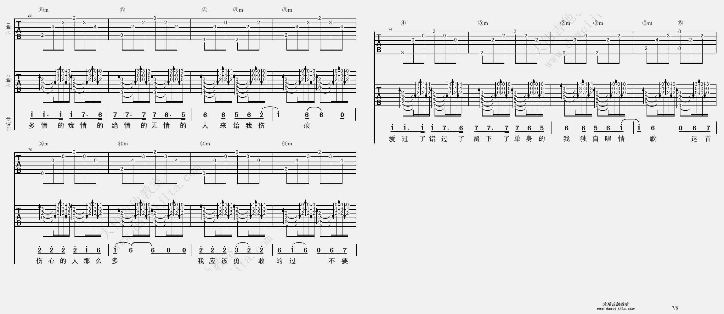 7大伟双吉他版 林志炫《单身情歌》吉他弹唱六线谱
