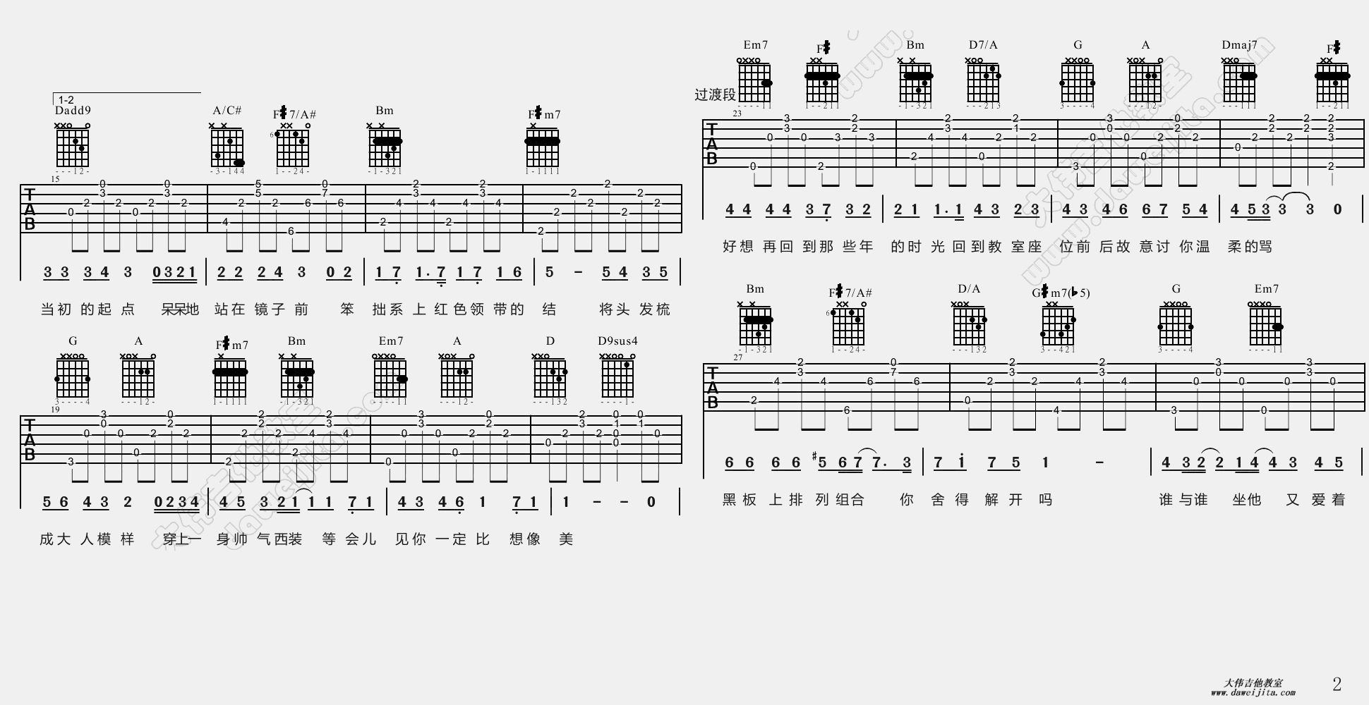 2大伟D调版 胡夏《那些年》吉他弹唱六线谱