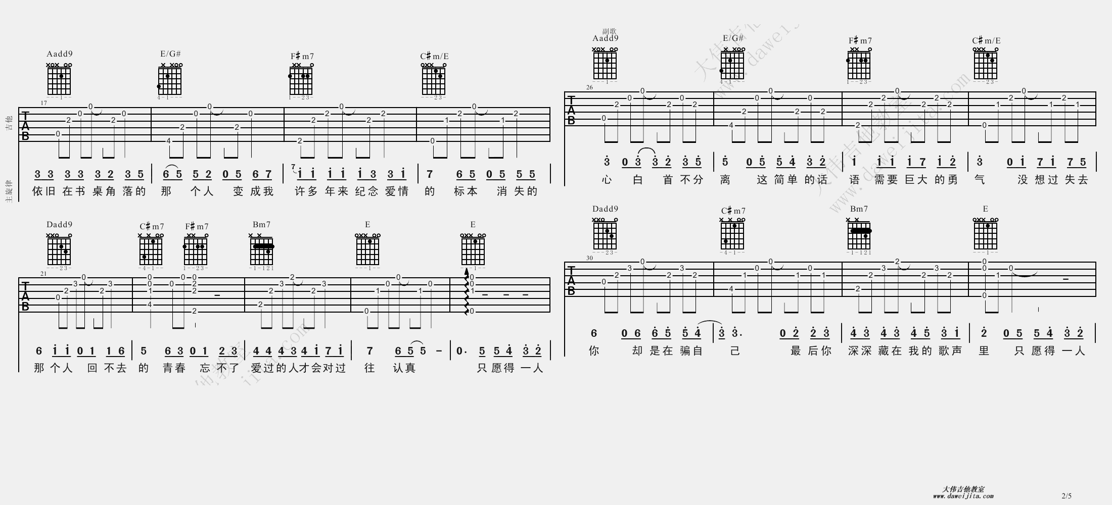 2大伟A调版 李行亮《愿得一人心》吉他弹唱六线谱