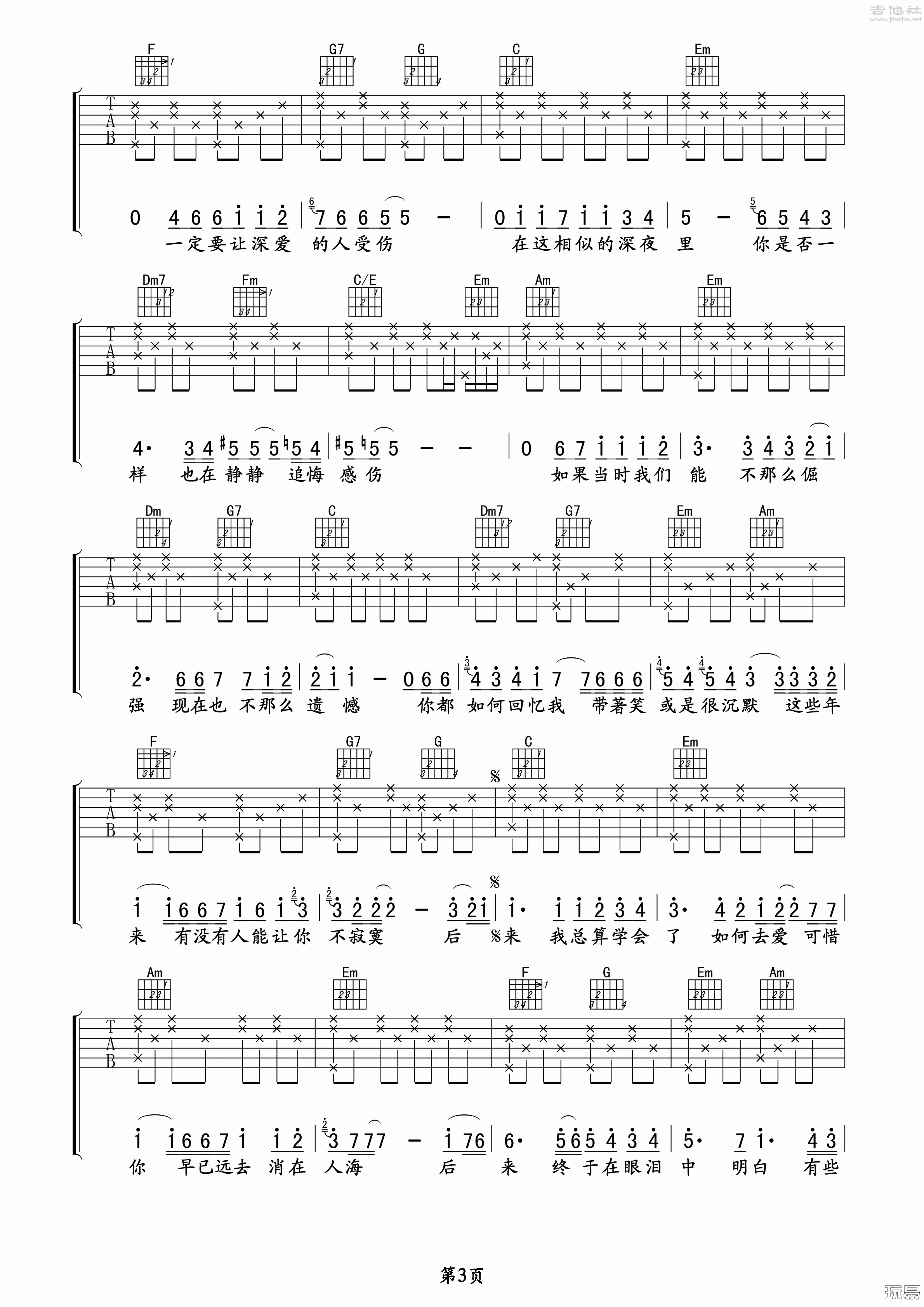 3玩易C调版 刘若英《后来》吉他弹唱六线谱