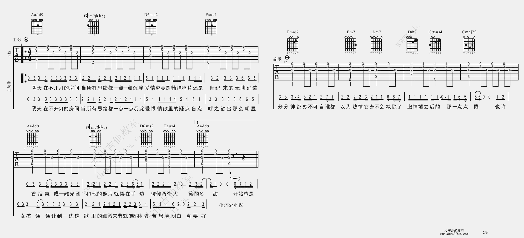 2大伟A调版 莫文蔚《阴天》吉他弹唱六线谱