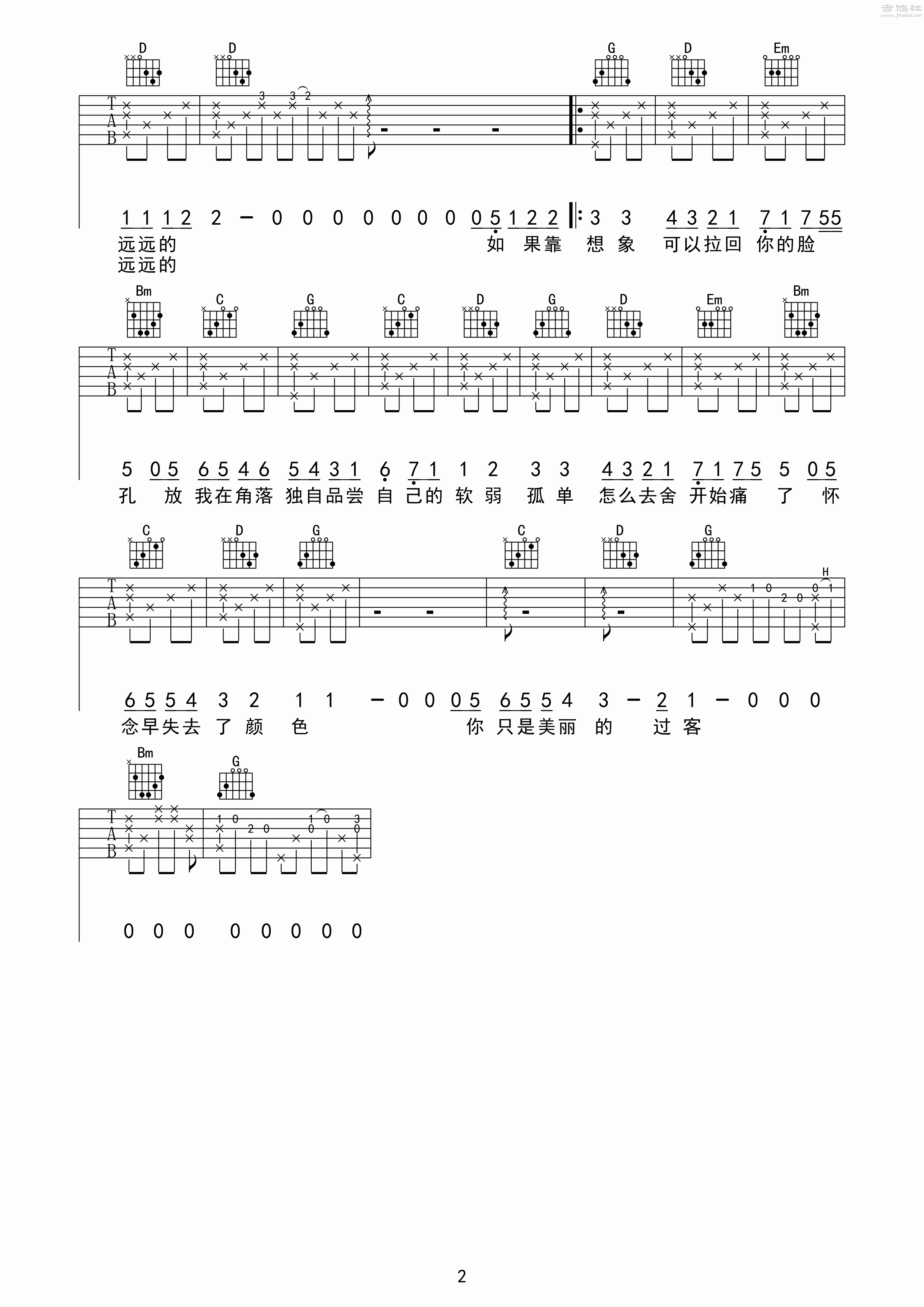 2纵玩C调版 魏晨《过客》吉他弹唱六线谱