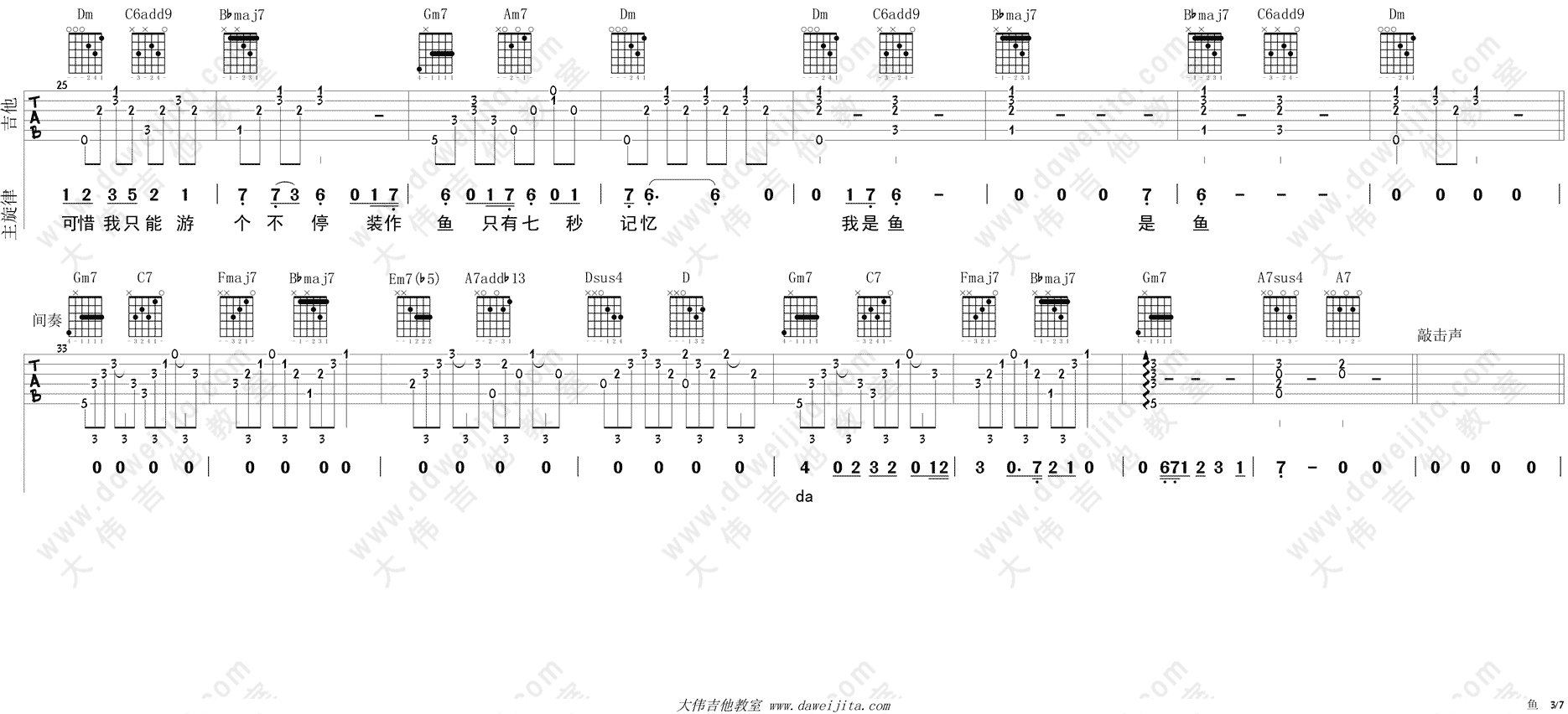 3大伟F调版 姚贝娜《鱼》吉他弹唱六线谱