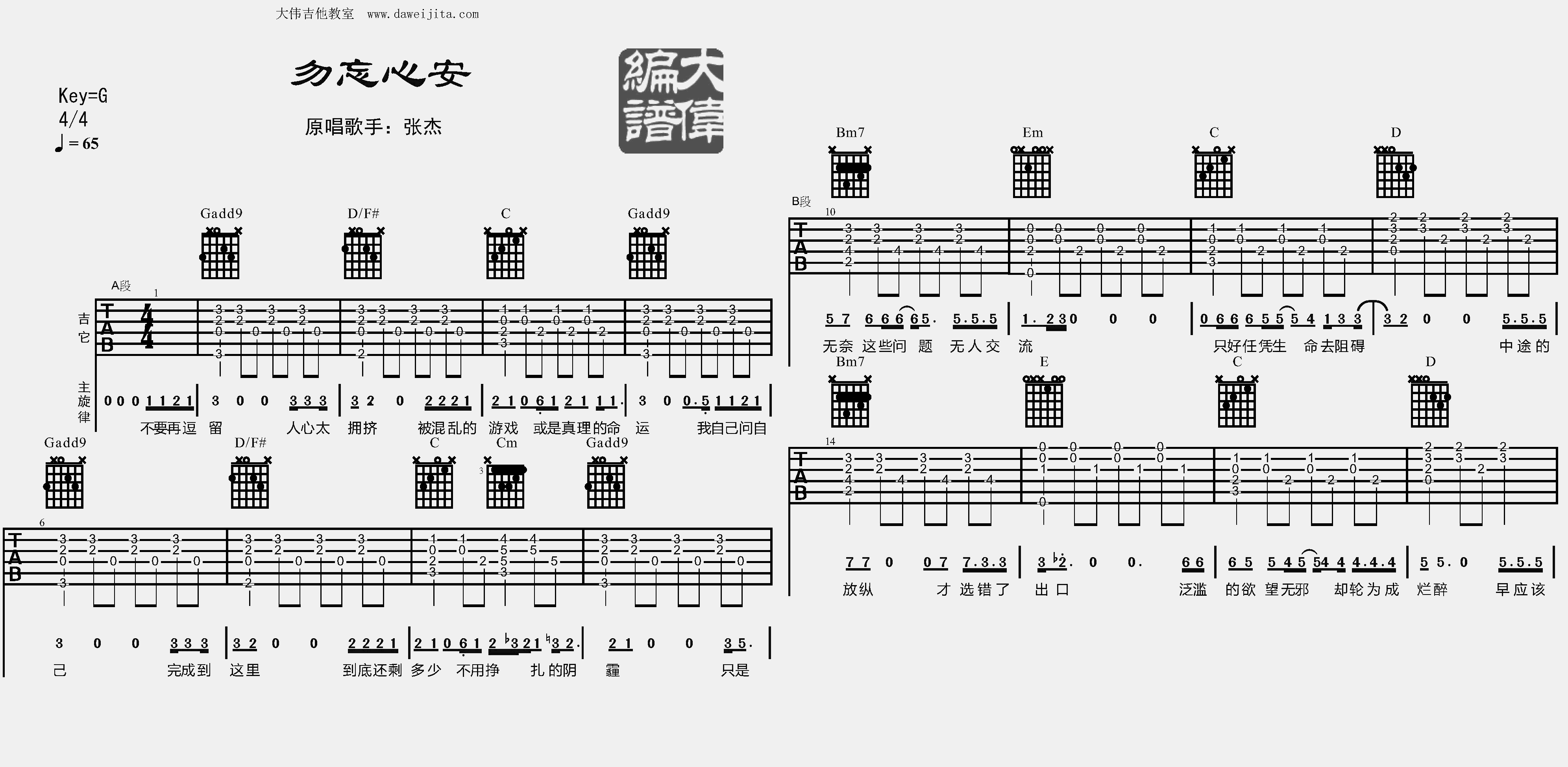 1大伟G调版 张杰《勿忘心安》吉他弹唱六线谱