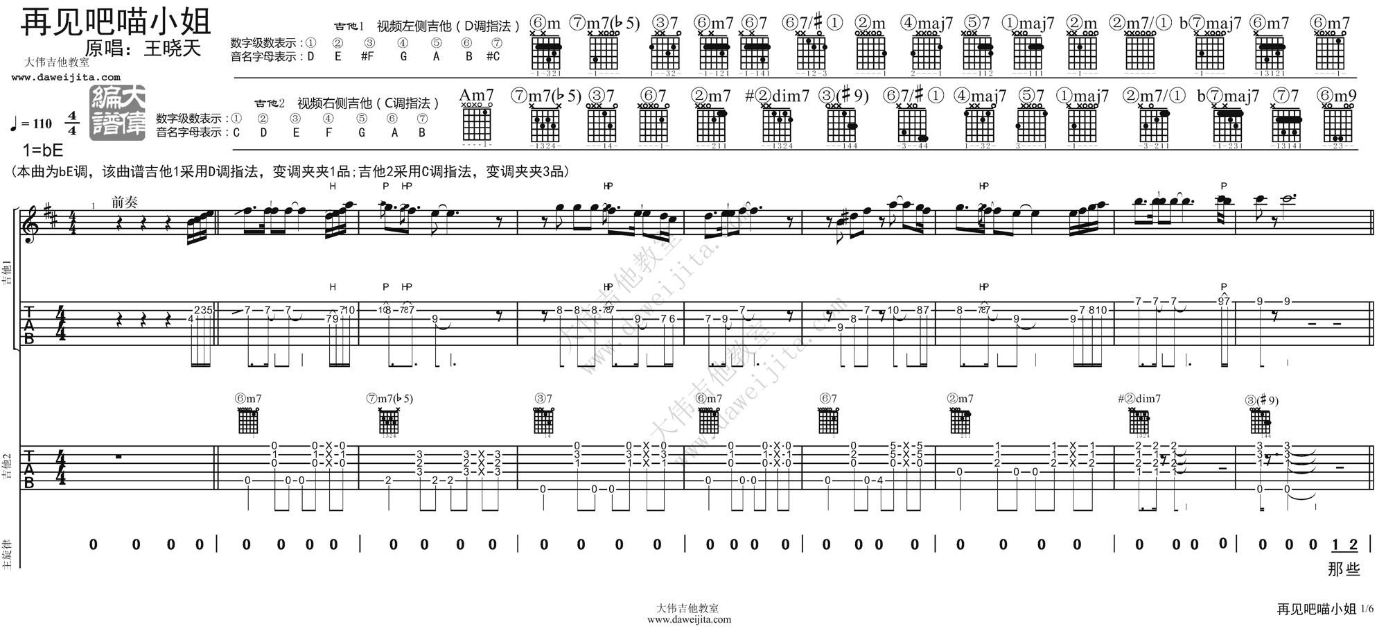 1大伟双吉他版 王晓天《再见吧喵小姐》吉他弹唱六线谱