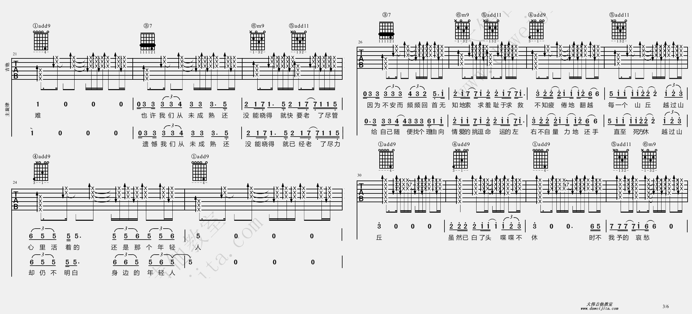 3大伟bE调版 李宗盛《山丘》吉他弹唱六线谱