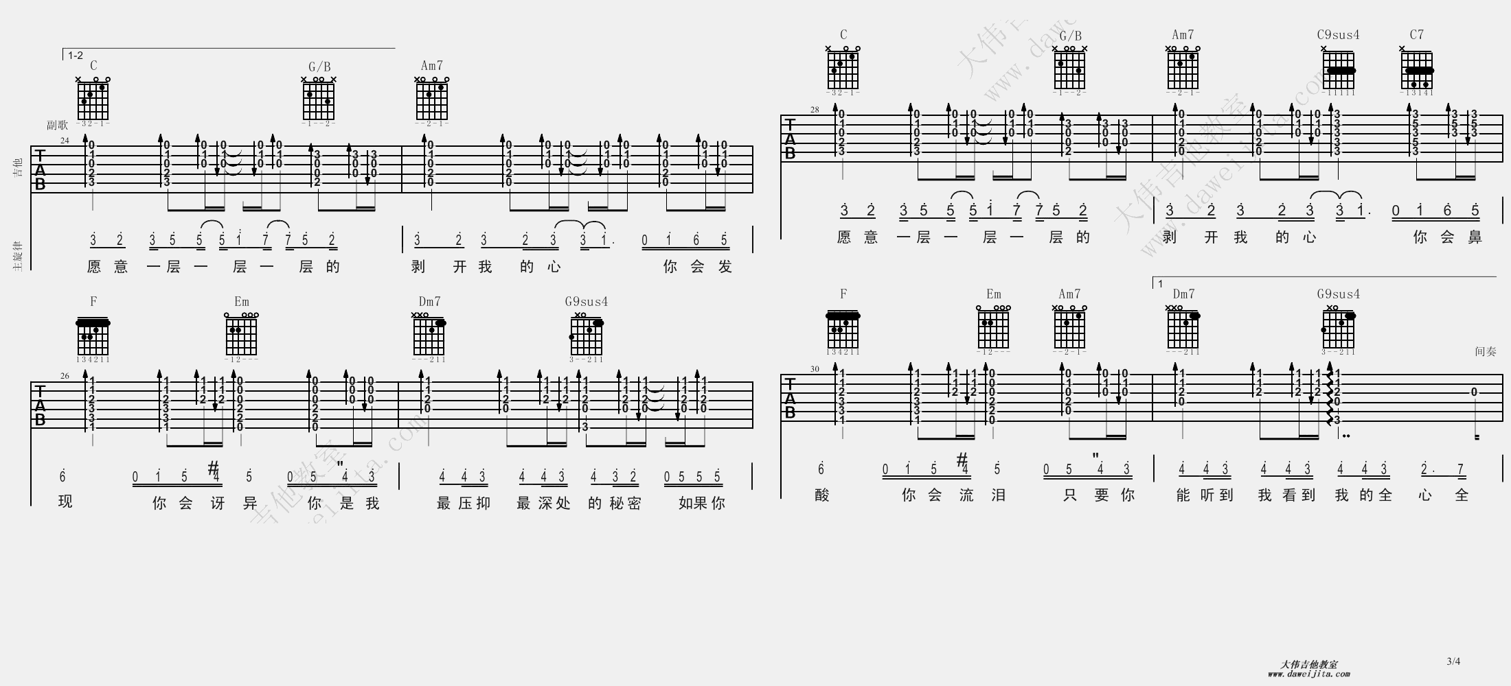 3大伟C调版 杨宗纬《洋葱》吉他弹唱六线谱