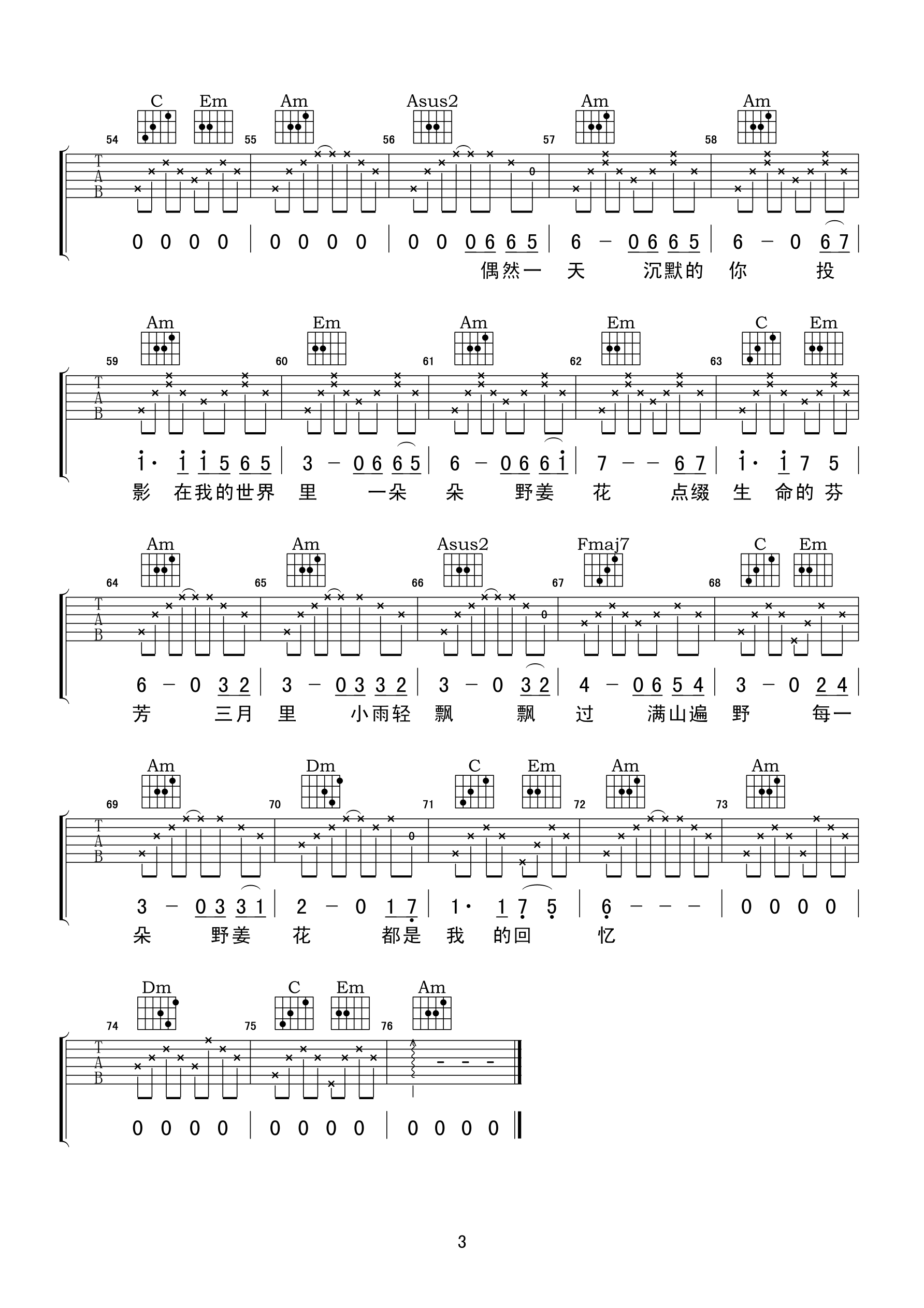 3小叶歌C调版 孟庭苇《野姜花我的回忆》吉他弹唱六线谱